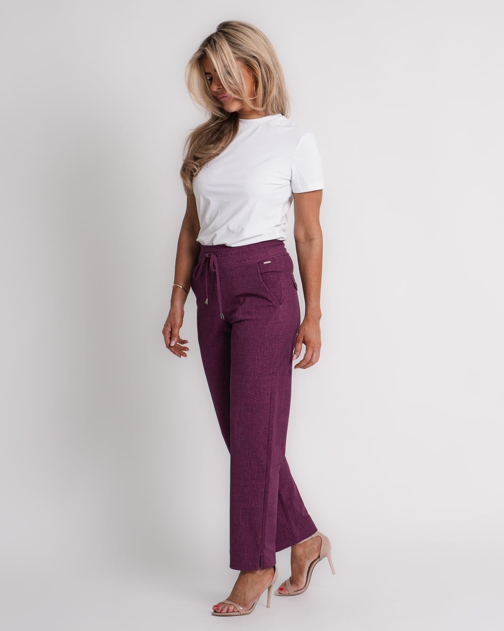 travel trousers slit hem structure print magenta purple | amy 870