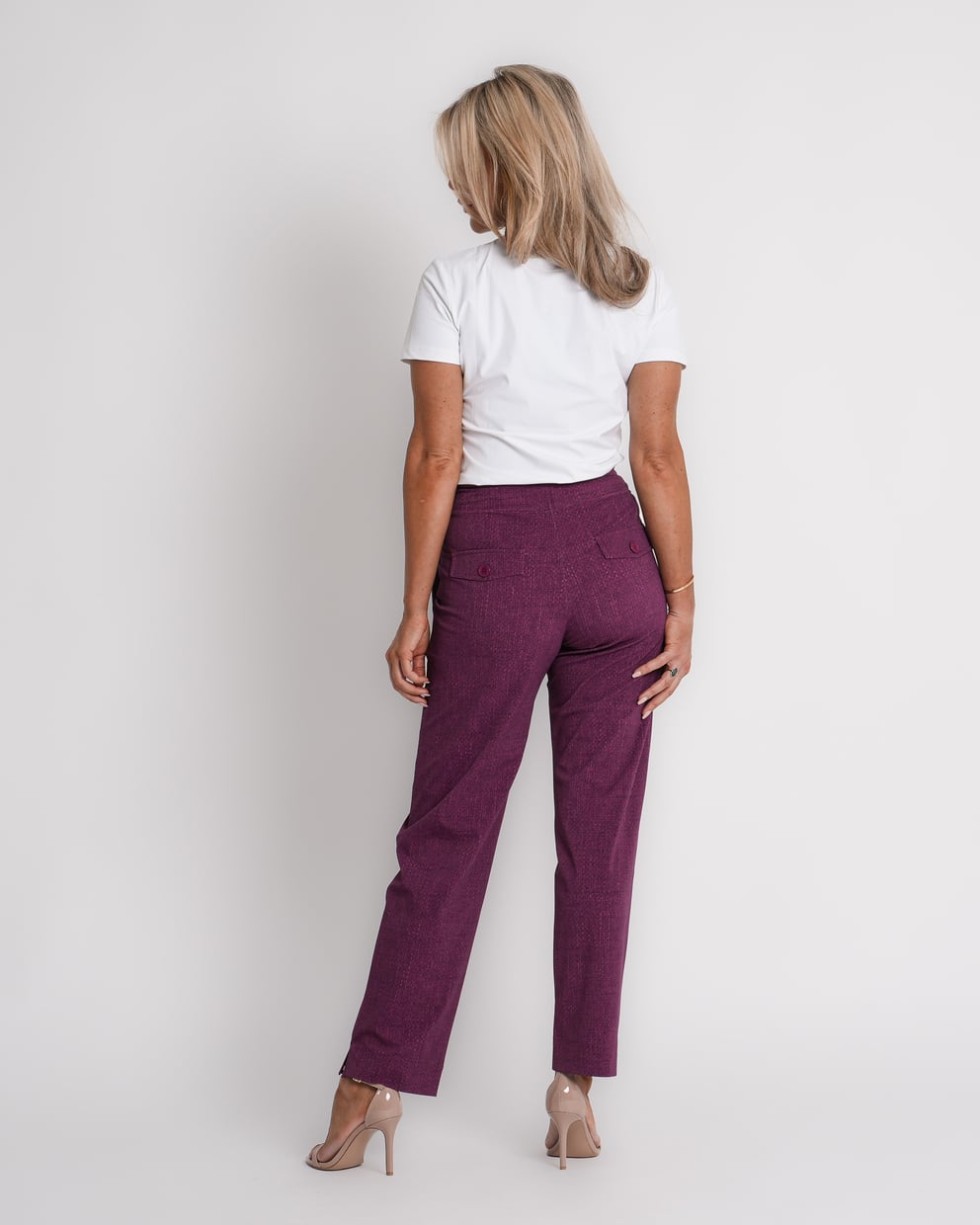 travel trousers slit hem structure print magenta purple | amy 870