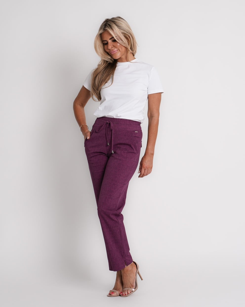 travel trousers slit hem structure print magenta purple | amy 870