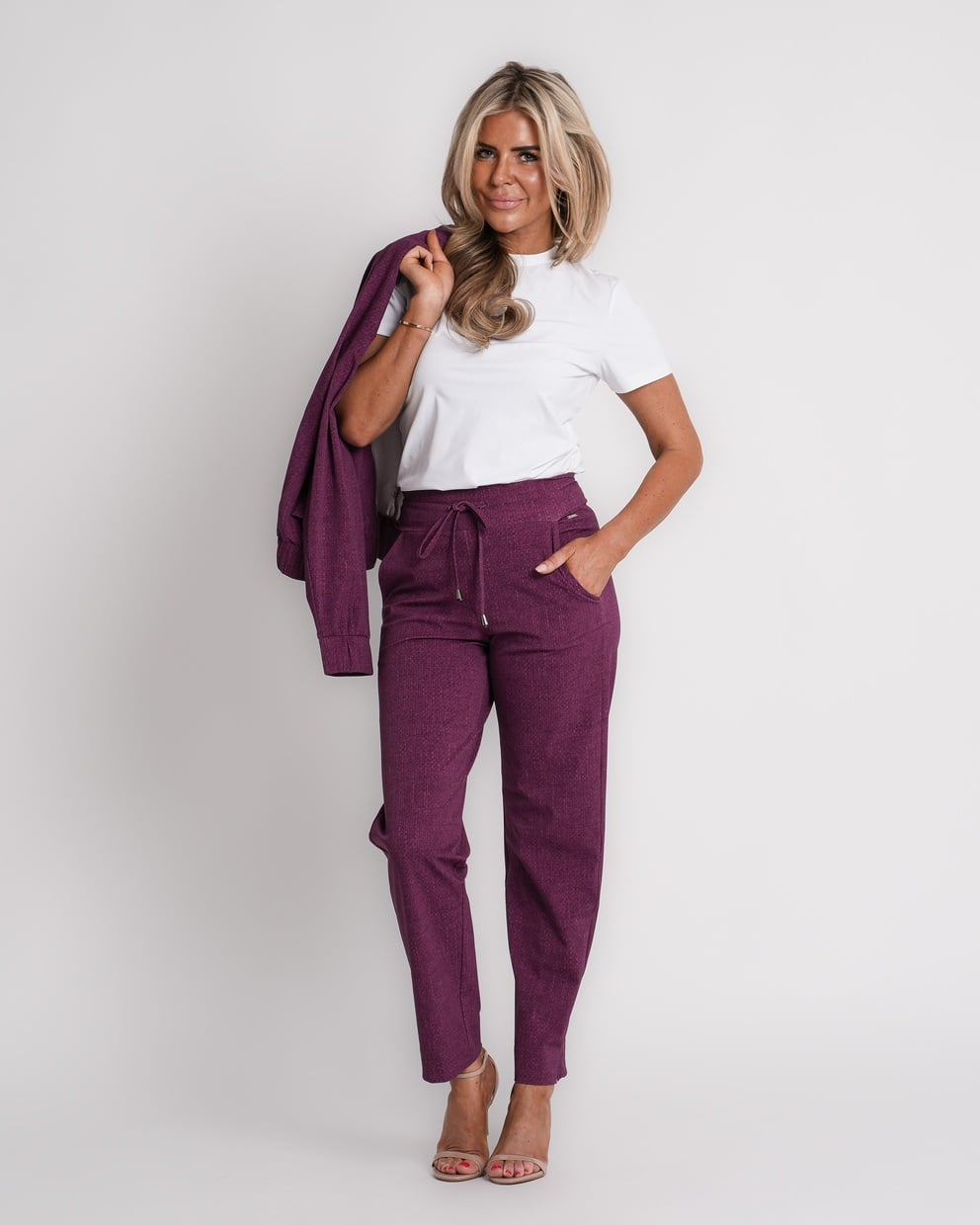 travel trousers slit hem structure print magenta purple | amy 870