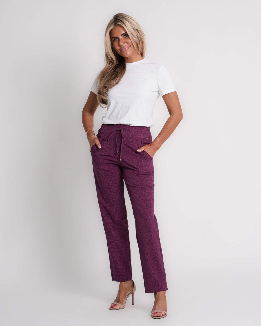 travel trousers slit hem structure print magenta purple | amy 870