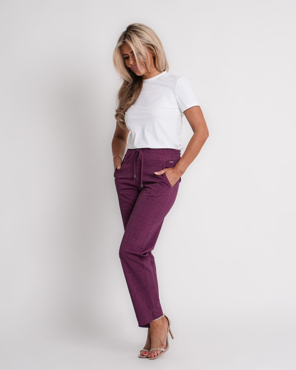 travel trousers slit hem structure print magenta purple | amy 870