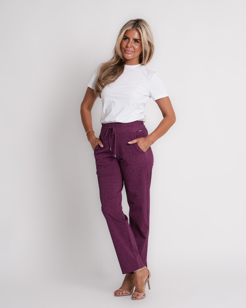 travel trousers slit hem structure print magenta purple | amy 870