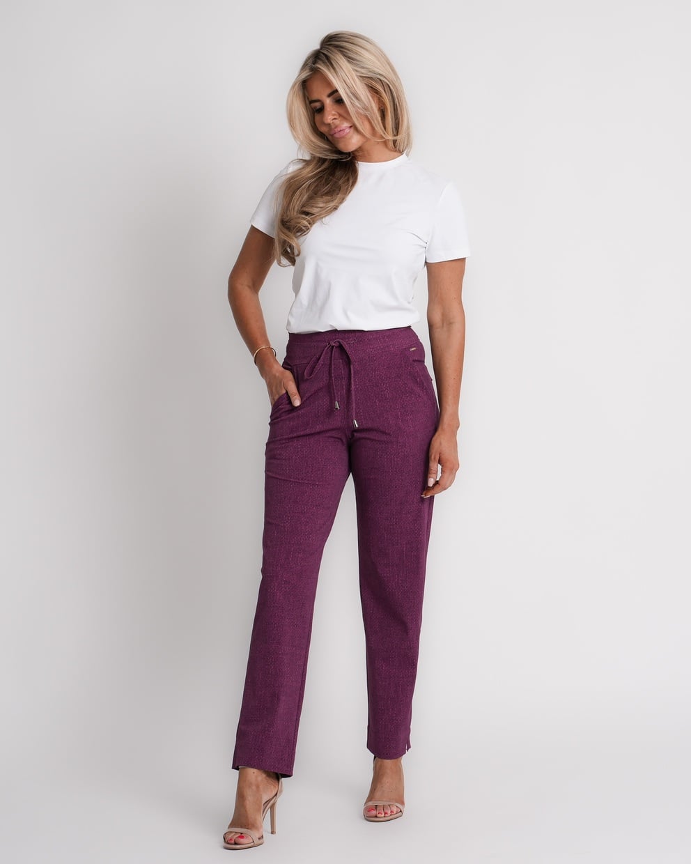 travel trousers slit hem structure print magenta purple | amy 870