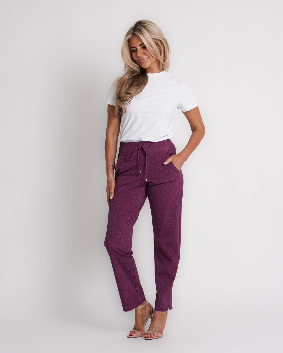 travel trousers slit hem structure print magenta purple | amy 870