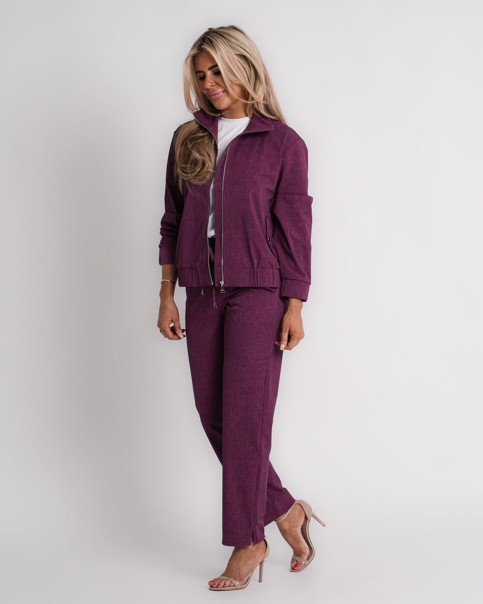 travel trousers slit hem structure print magenta purple | amy 870