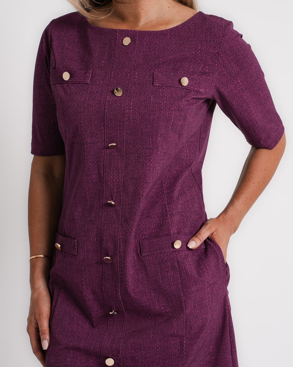 travel trousers slit hem structure print magenta purple | amy 870