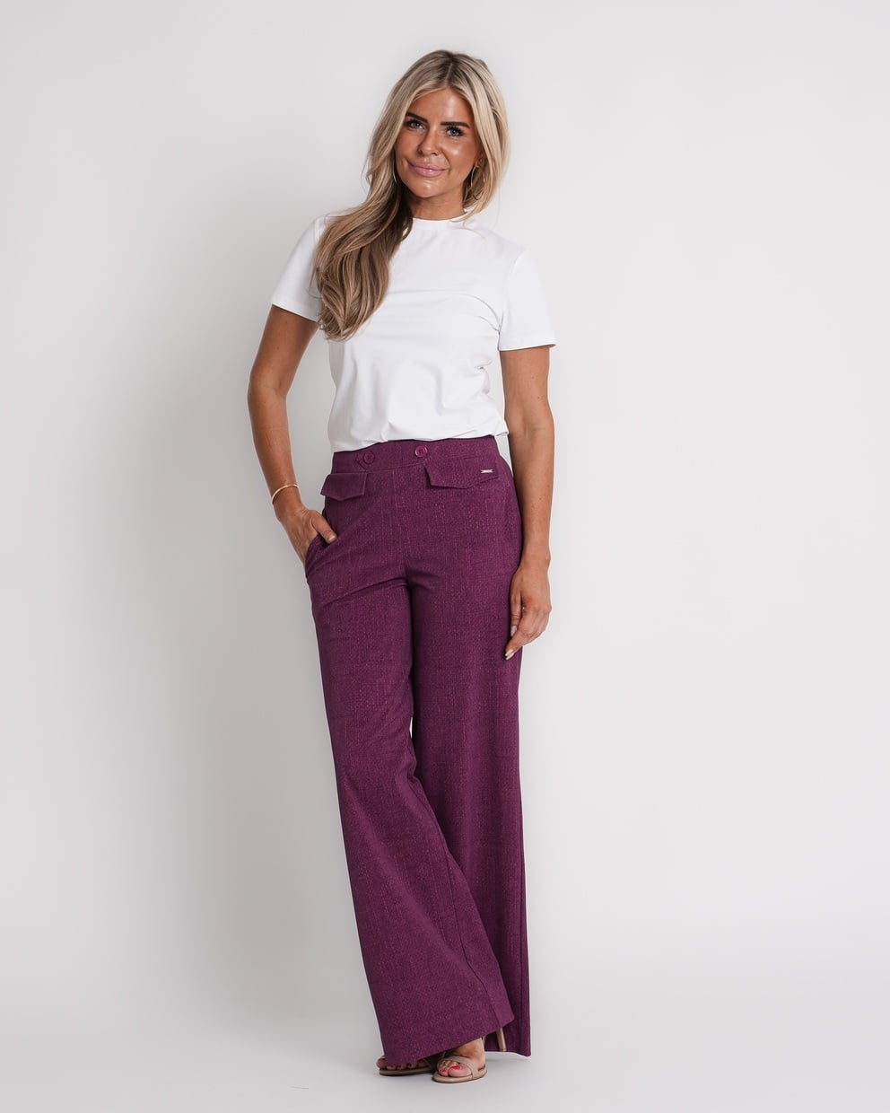 travel trousers slit hem structure print magenta purple | amy 870