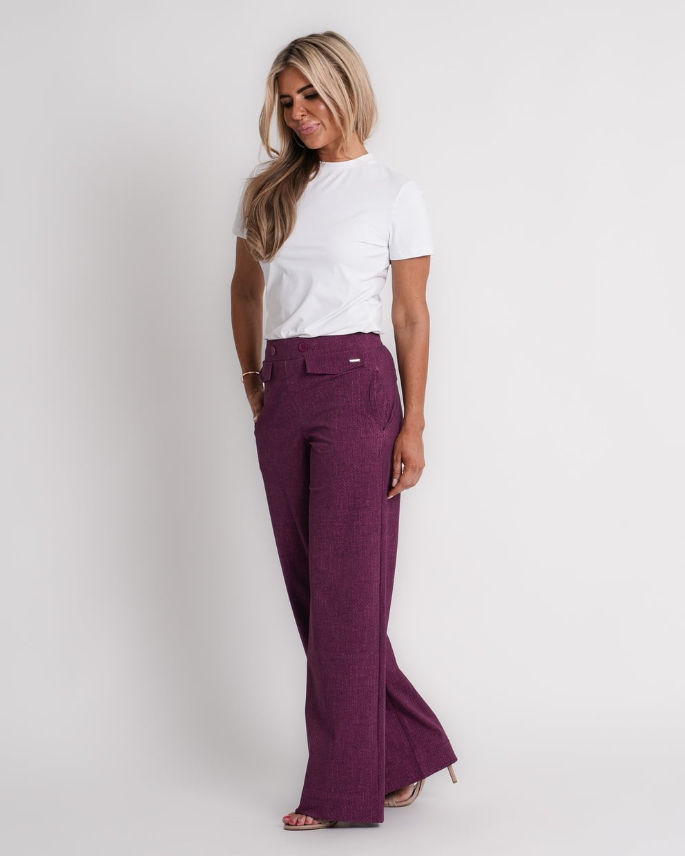 travel trousers slit hem structure print magenta purple | amy 870