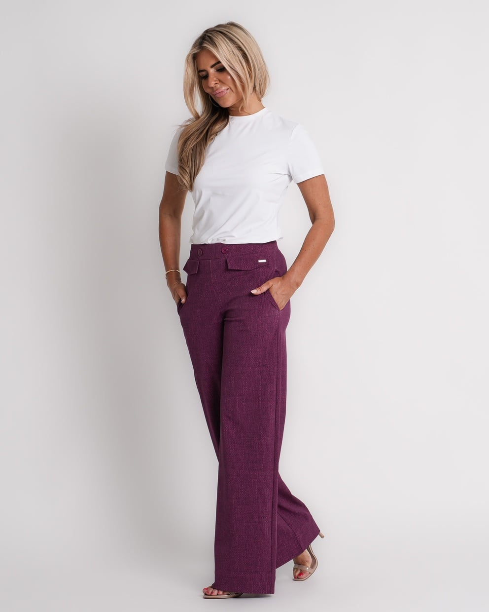 travel trousers slit hem structure print magenta purple | amy 870
