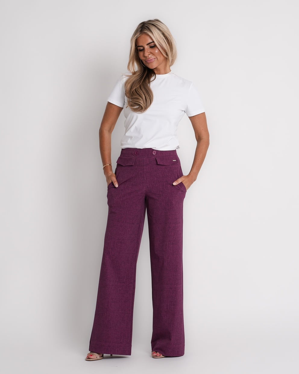 travel trousers slit hem structure print magenta purple | amy 870