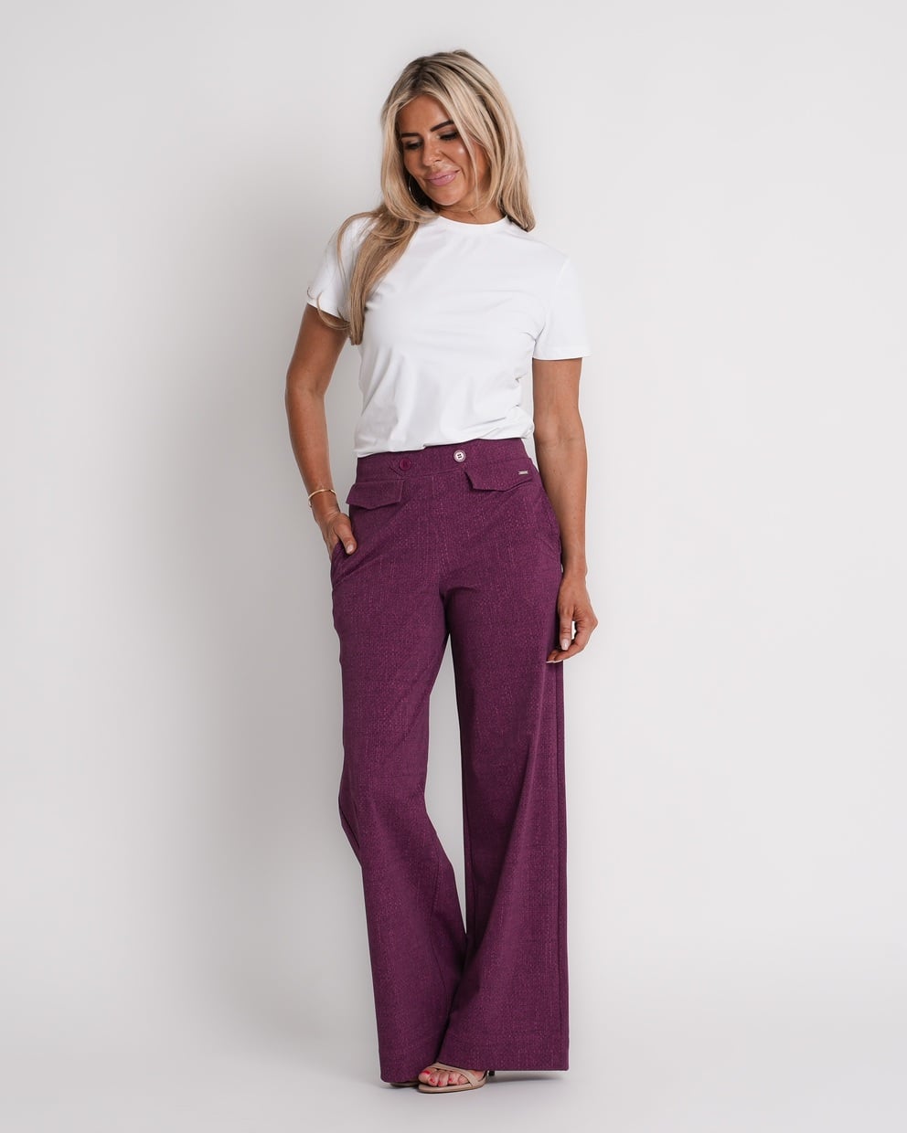 travel trousers slit hem structure print magenta purple | amy 870