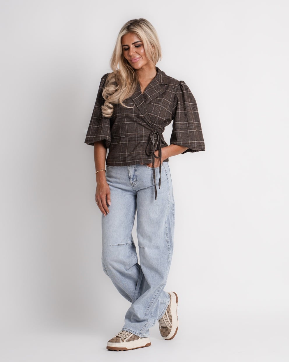 geruite blazer met boord bruin | vivienne
