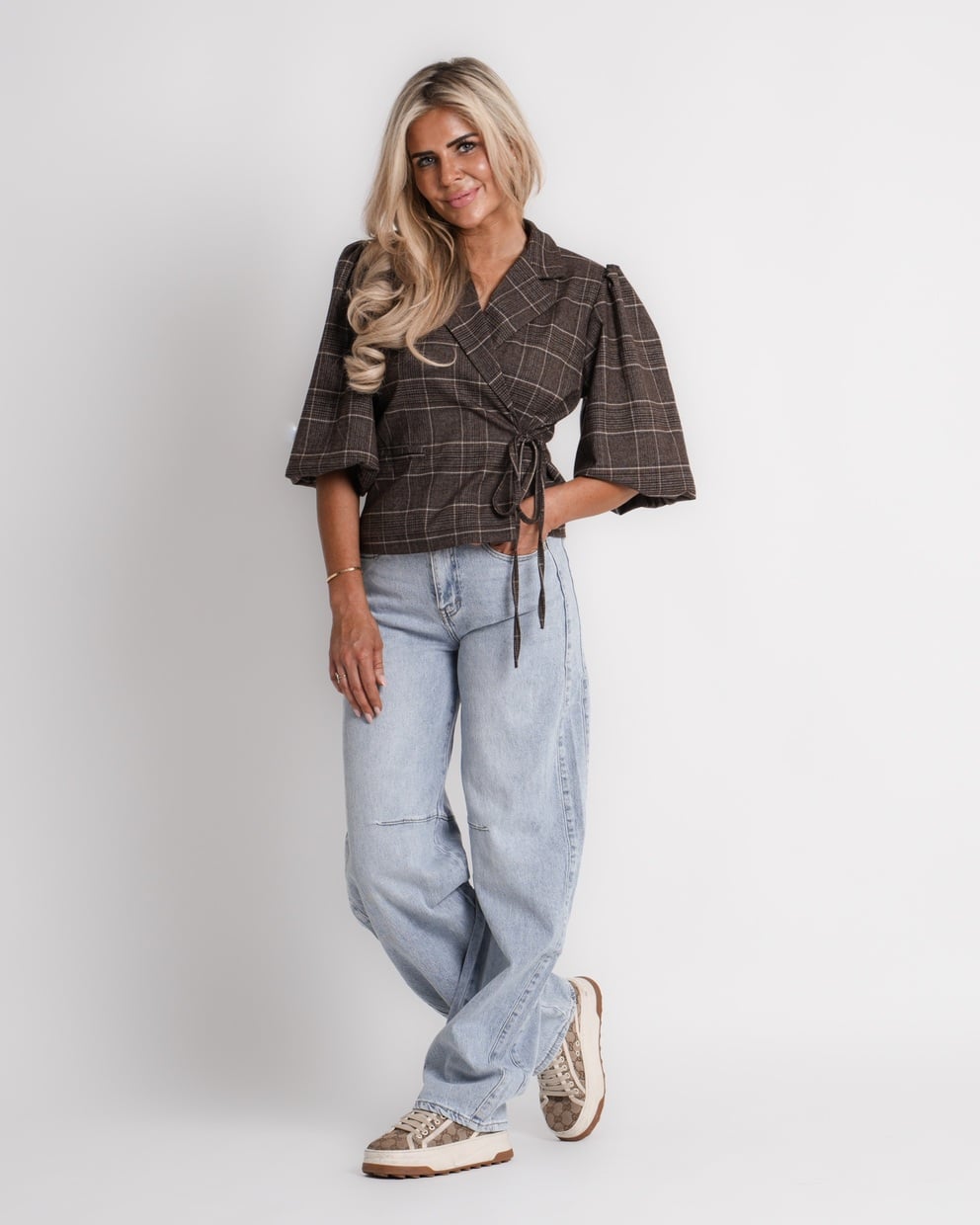 geruite blazer met boord bruin | vivienne