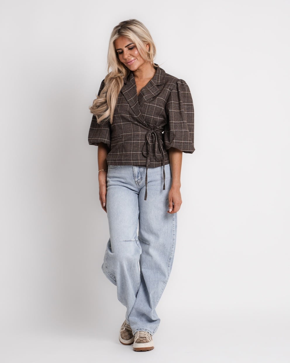 geruite blazer met boord bruin | vivienne