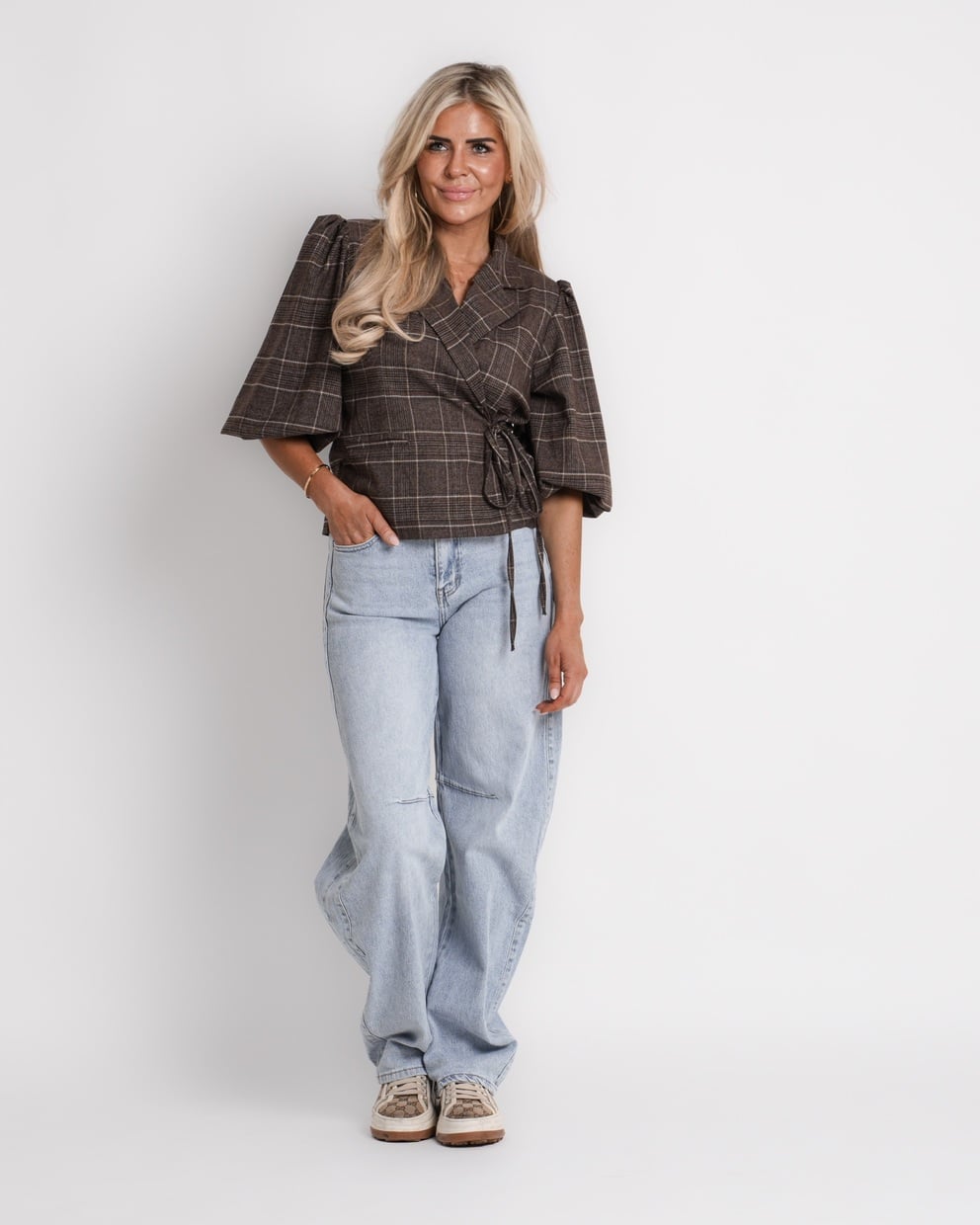 geruite blazer met boord bruin | vivienne