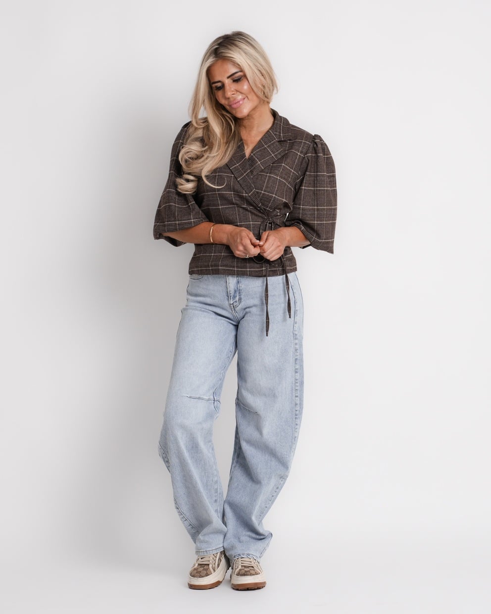 geruite blazer met boord bruin | vivienne