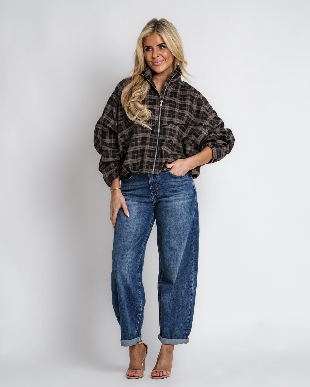 geruit jack met rits bruin | bernice