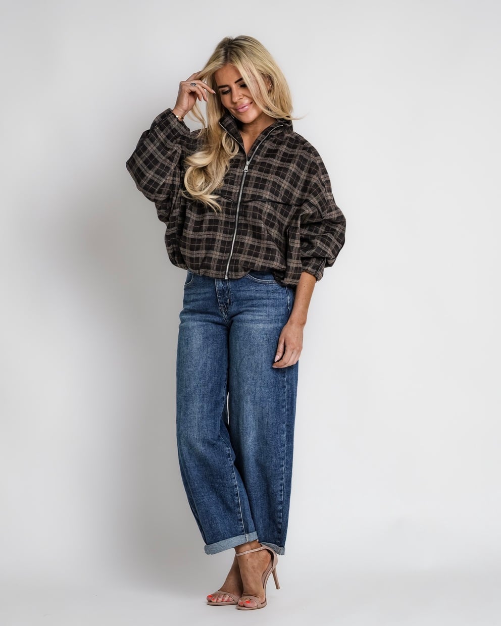 geruit jack met rits bruin | bernice