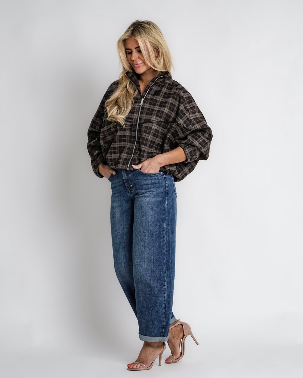 geruit jack met rits bruin | bernice