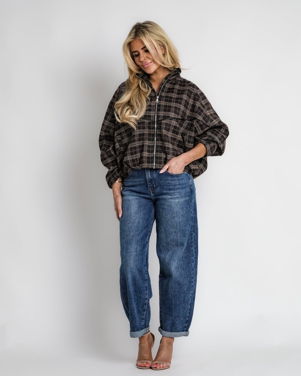 geruit jack met rits bruin | bernice