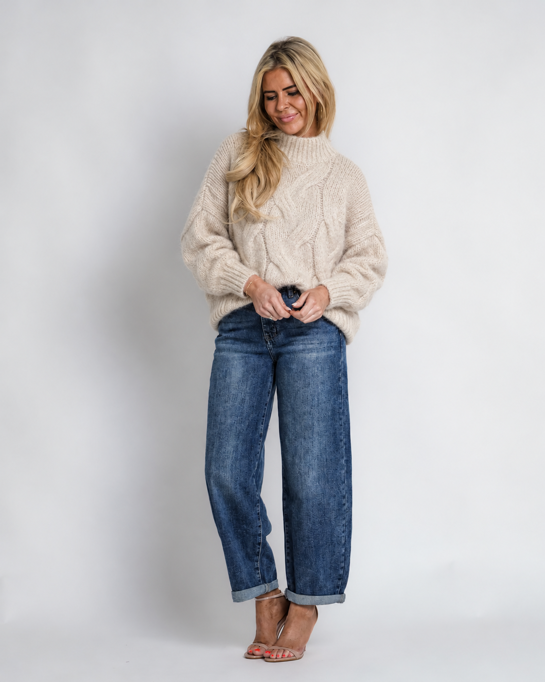 rib gereide trui met bies taupe | yetta