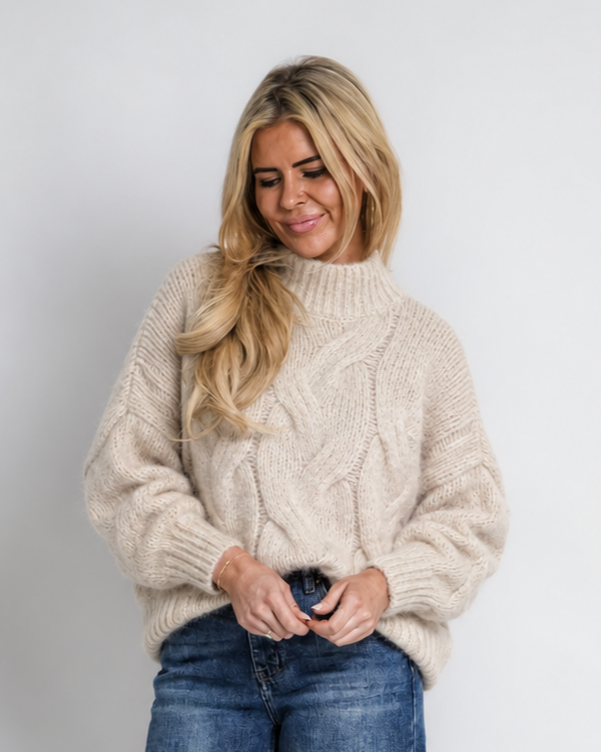 rib gereide trui met bies taupe | yetta
