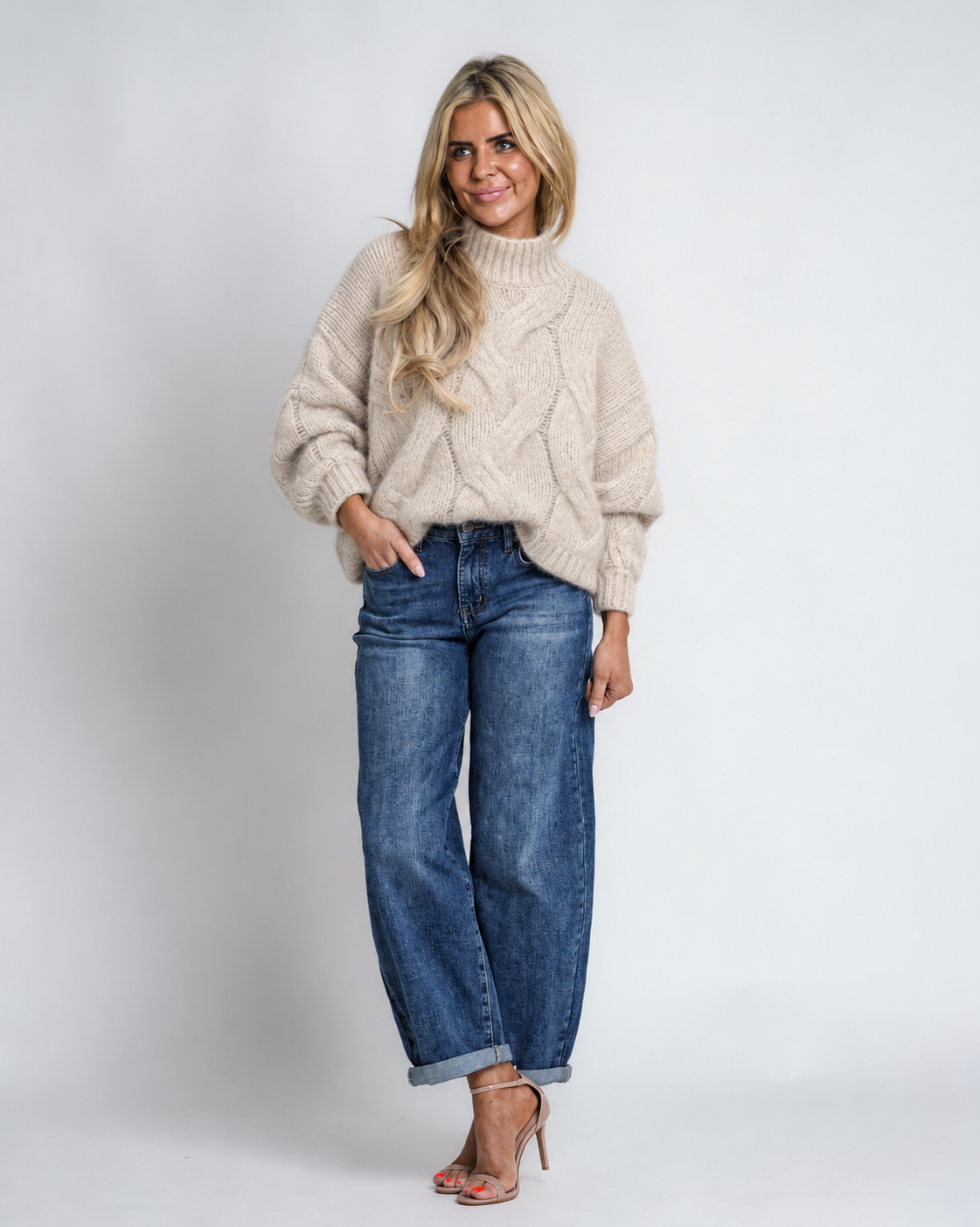 rib gereide trui met bies taupe | yetta
